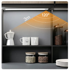 Kitchen shelf with coffee-making equipment and storage jars, featuring a 120-degree spray angle diagram.