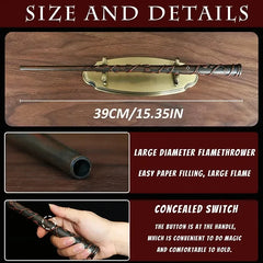 Flamethrower prop with measurements and features on a wooden background