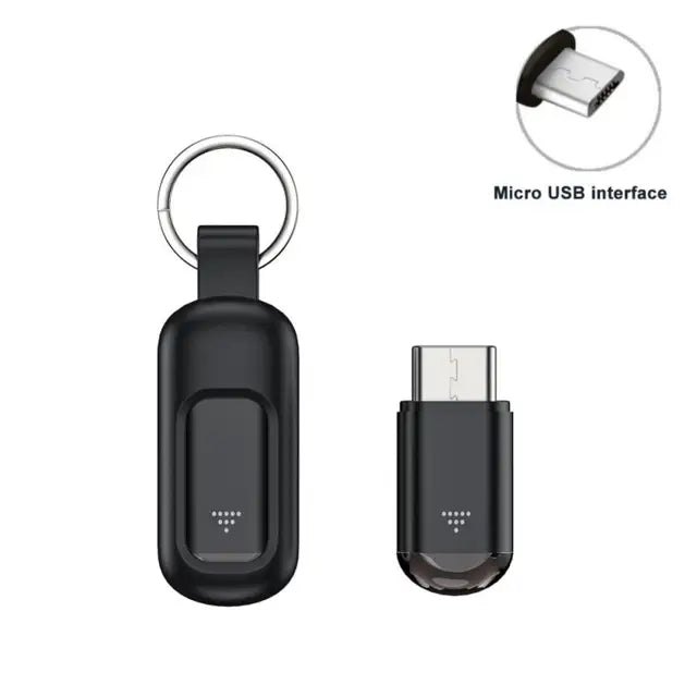 Black USB device with keychain and micro USB interface on a white background