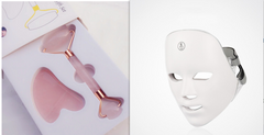 Collage of facial tools including a pink roller and gua sha tool on a white background, with a white LED face mask on the right.