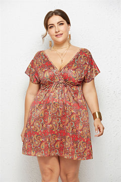 Women's Printed Deep V-Neck Dress – Elastic Waist | Sizes M-4XL