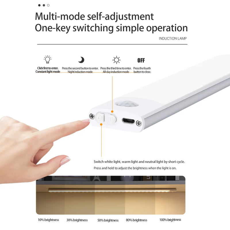 Induction lamp with multi-mode self-adjustment and one-key switching operation on a white background.