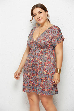 Women's Printed Deep V-Neck Dress – Elastic Waist | Sizes M-4XL