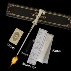 Magic wand with accessories including a ticket, charger, and paper on a black background.