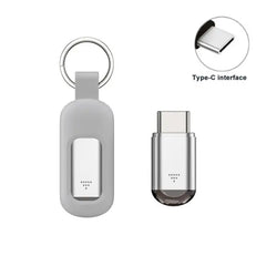 USB-C adapter with keychain and close-up of Type-C interface on a white background