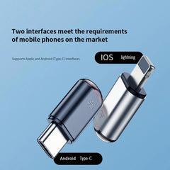 Two USB connectors labeled 'IOS lightning' and 'Android Type-C' on a blue background.