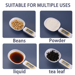Digital scale measuring beans, powder, liquid, and tea leaves with text 'Suitable for multiple uses'.