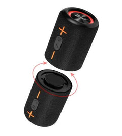 Black portable speaker with mesh cover on a white background