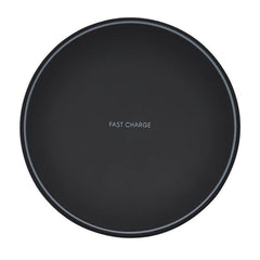 Black wireless charging pad with 'FAST CHARGE' text on a white background