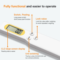 Digital scale with features highlighted on a white background