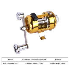 Gold and silver fishing reel on a white background with product specifications displayed.