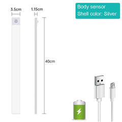 Measurement chart of a white body sensor, shell, USB cable, and battery with dimensions labeled.