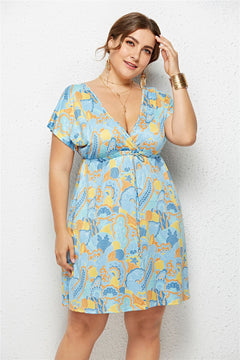 Women's Printed Deep V-Neck Dress – Elastic Waist | Sizes M-4XL
