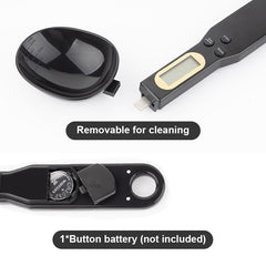 Digital spoon  tool with removable lens cover and button battery information on a white background