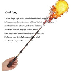 Hand holding a wand with fire at the end and usage instructions on a white background