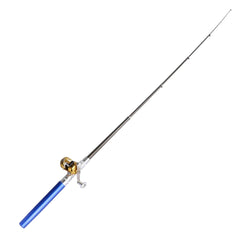 Fishing rod with blue handle and gold reel on a white background