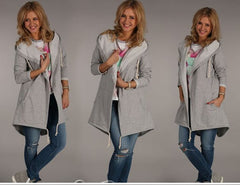 Three images of a woman wearing a gray hooded jacket and blue jeans on a plain background