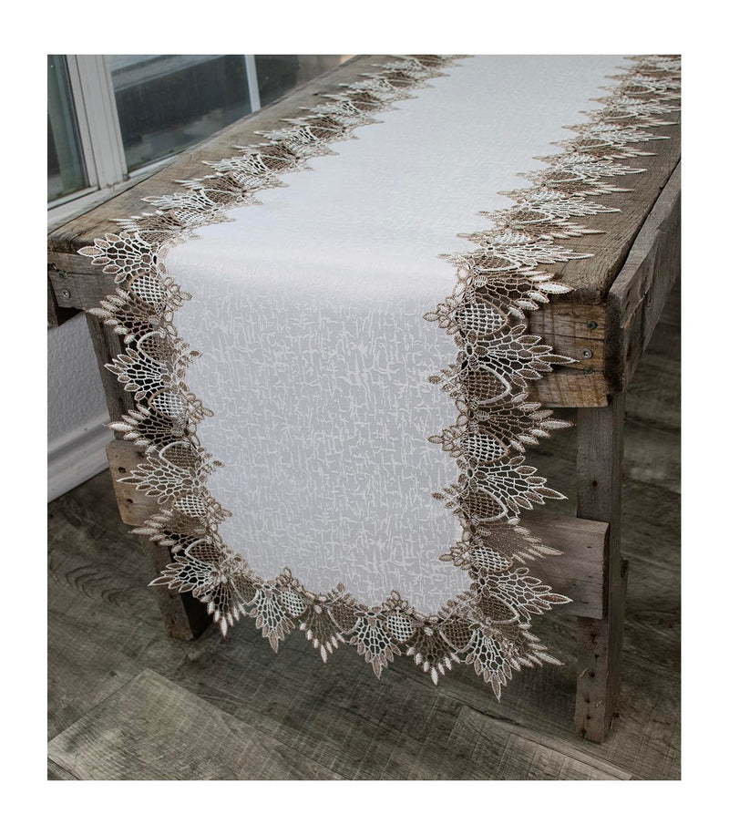 Peacock Lace Table Runner | Neutral Earth Tones on White Jacquard