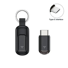 Black USB Type-C adapter with keychain and close-up of Type-C interface on a white background