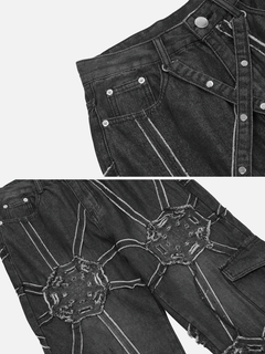 Black denim jacket with studded details on a white background