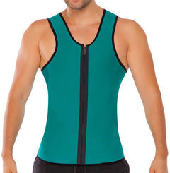 Teal tank top with black zipper on a white background