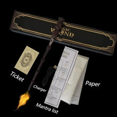 Magic wand with accessories including a ticket, charger, and paper on a black background.