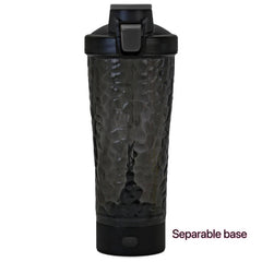 Black textured water bottle with a separable base on a white background