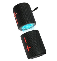 Black portable speaker with blue light on a white background
