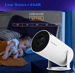 White video projector with a child sleeping on a couch, emphasizing low noise feature.