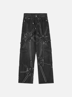 Black pants with geometric pattern on a white background