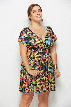 Women's Printed Deep V-Neck Dress – Elastic Waist | Sizes M-4XL