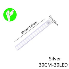 Silver LED strip light with dimensions and LED count on a white background