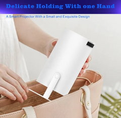 Smart projector being held with one hand from a bag, with text about its design and functionality.