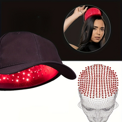 Black cap with red LED lights, inset of person wearing it, and 3D model of LED structure.