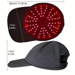 Black cap with red LED light feature and measurements on a white background