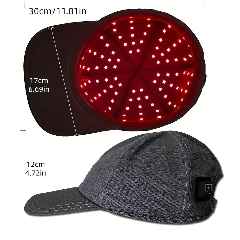 Black cap with red LED light feature and measurements on a white background