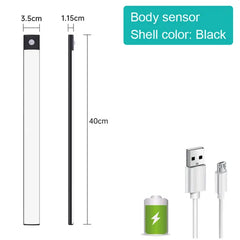 Measurement chart of a body sensor with USB cable and battery pack on a white background