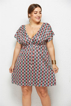 Women's Printed Deep V-Neck Dress – Elastic Waist | Sizes M-4XL