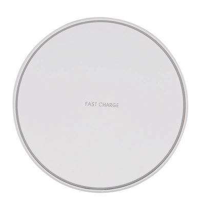 Round wireless charging pad with 'Fast Charge' text on a white background