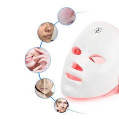 Facial mask with LED lights on a white background, showing before and after effects on skin.