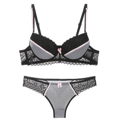 Lace Striped Lingerie Set with Bra and Panties