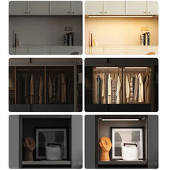 Collage of a modern wardrobe with clothes, shelves, and decorative items.