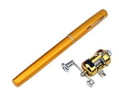 Gold fishing rod and reel set on a white background