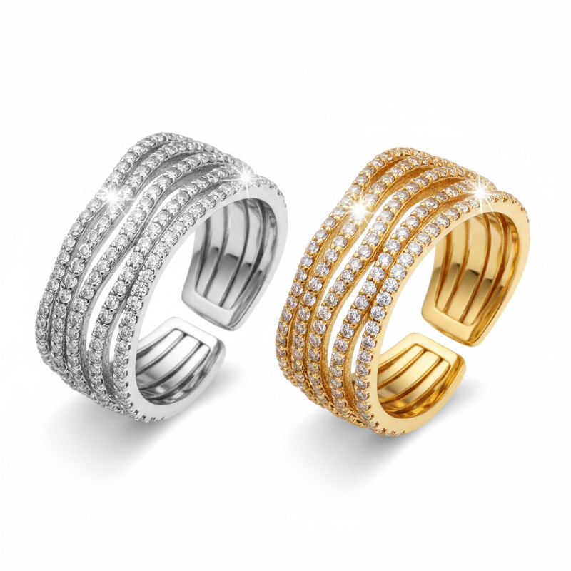 Elegant adjustable sparkle ring multi-row stones silver and gold