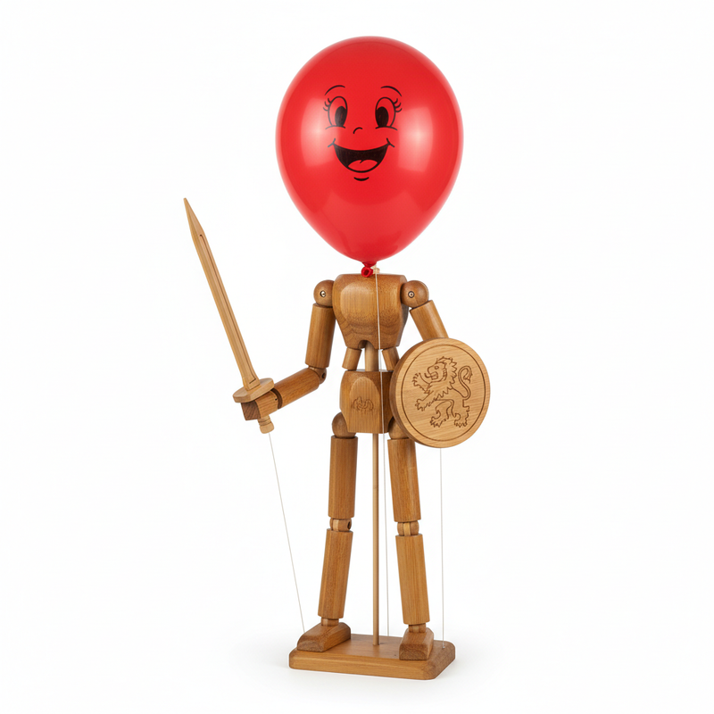 Handmade wooden fencing puppet with balloon head bamboo sword shield party game